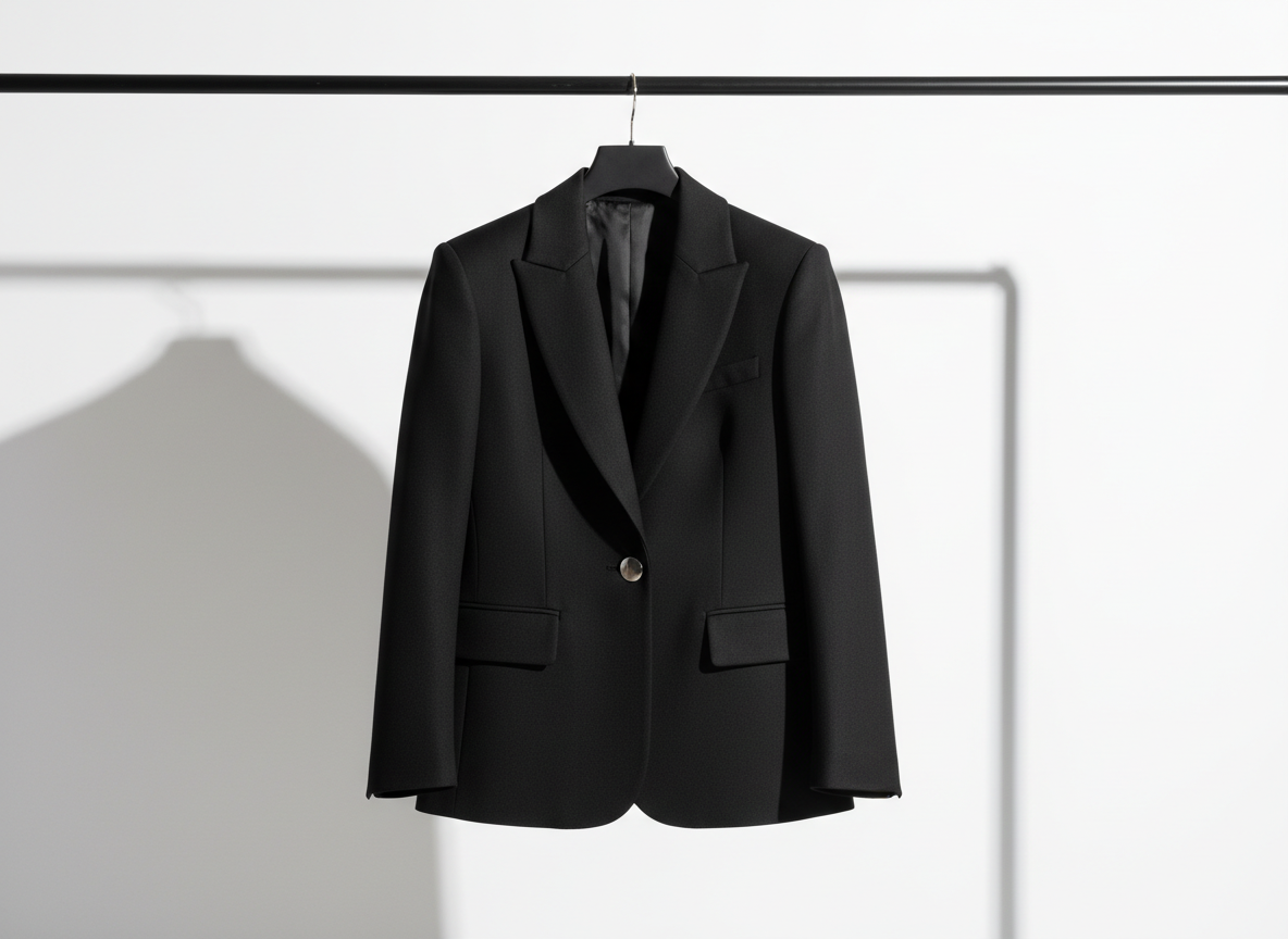 A sharply tailored, jet-black women's blazer in premium wool blend fabric, hanging gracefully on a matte black steel clothing rack. The garment's smooth texture contrasts with bold, crisp lapels and a single metallic button, while subtle stitched details accentuate its shape. The entire scene is set against a stark, pristine white backdrop, maximizing the blazer's visual impact. Intense directional studio lighting from the left throws dramatic, angular shadows, emphasizing sharp lines and clean geometry. The mood is confident and modern with a minimalist aesthetic, captured front and center at eye level with a razor-sharp focus, echoing the luxurious, empowering aura of a high-end fashion store.