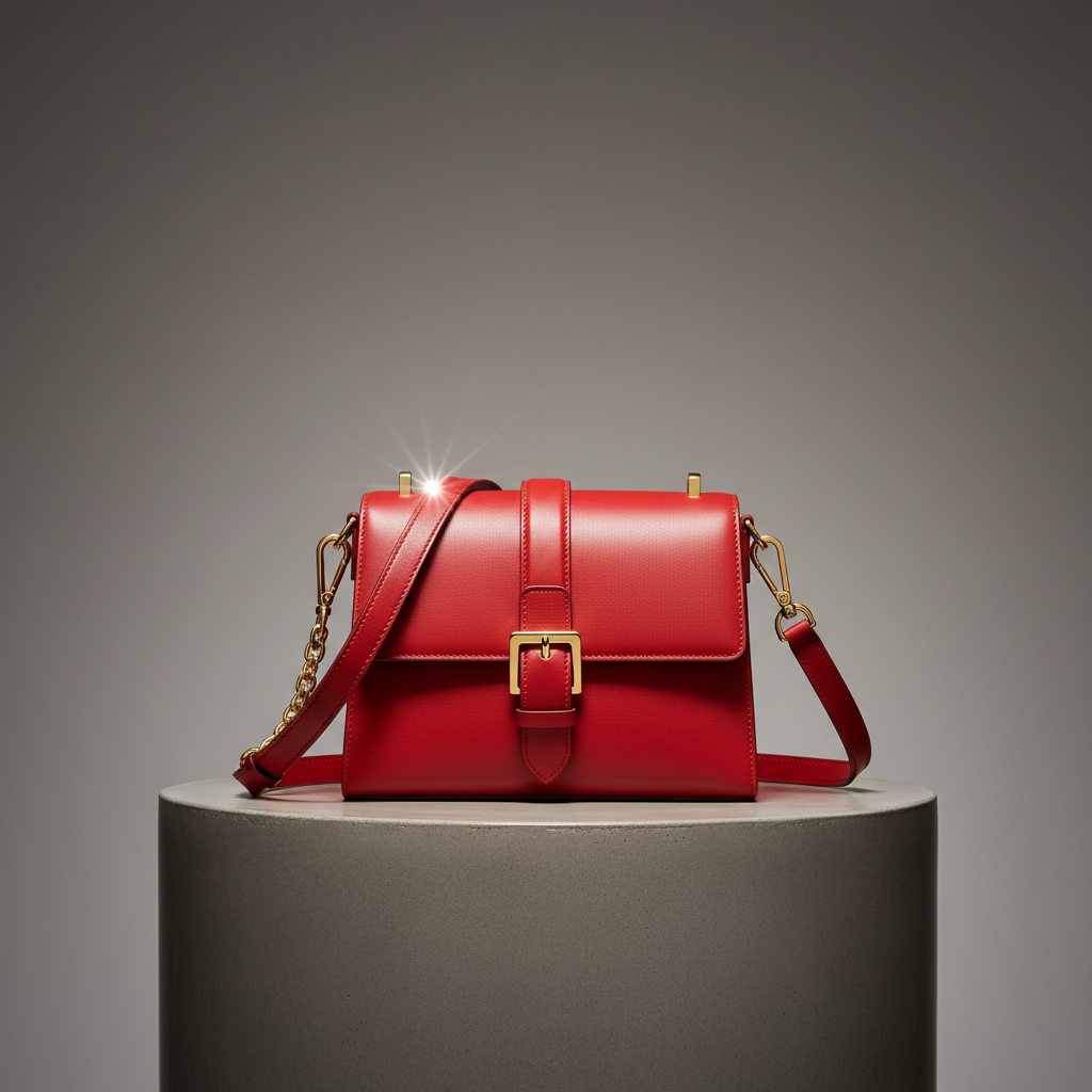 A vibrant, fire-red structured crossbody handbag made of fine-grain leather displayed on a glossy concrete pedestal. The bag's gold hardware catches highlights from focused overhead spotlights, creating dynamic reflections that draw the eye. Deep shadows surround the pedestal, making the bold color pop against a smooth, neutral-gray background. Photographed straight on with a slightly elevated angle, every seam and texture is rendered with photographic realism. The mood is energetic and unmistakably bold, reinforcing the brand's fearless personality in a minimal, gallery-like environment ideal for a contemporary clothing store.